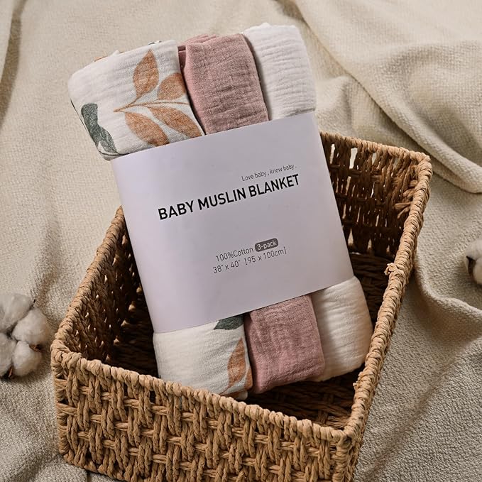 Muslin Swaddle Blankets for Newborn, 3 Pack Breathable Soft Receiving Blanket, Large 38 x 40 inches Swaddle Wrap Burping Clothes Diapers, Essentials Infant Shower Items, Toddler Gift (Gentle Colors)