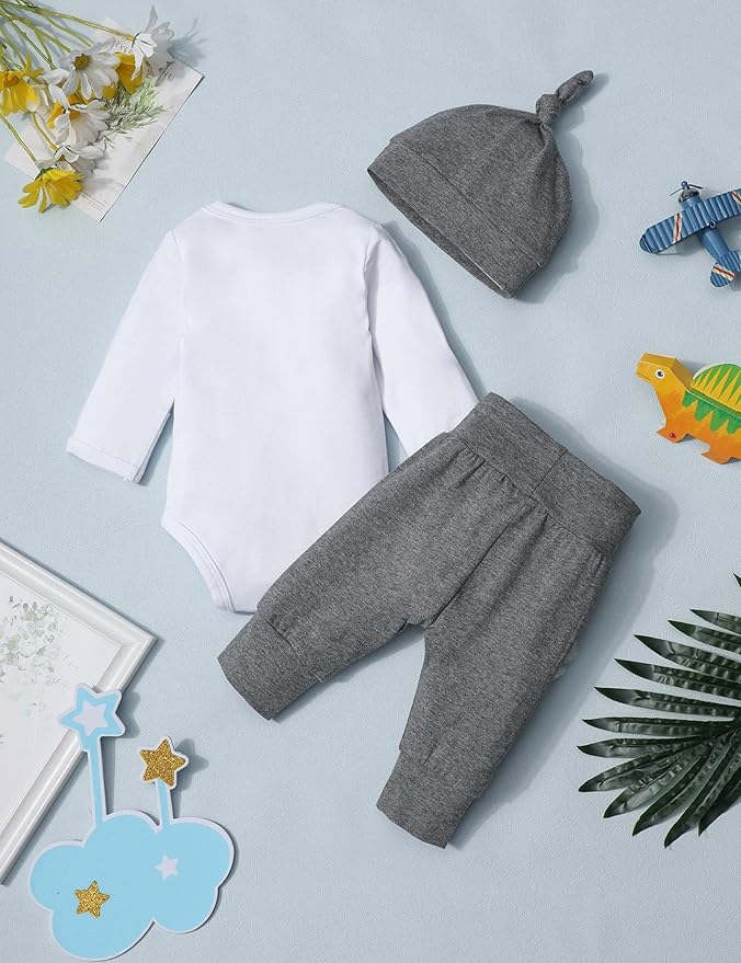 Fommy Newborn Baby Boy Clothes New to The Crew Letter Print Romper+ Pants+Hat 3PCS Outfit