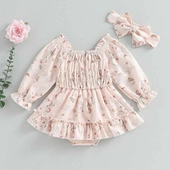 2pcs Infant Baby Girls Romper Dress Headband Long Sleeve Clothing Flowers Newborn Boho Girl Outfit Jumpsuit Clothes