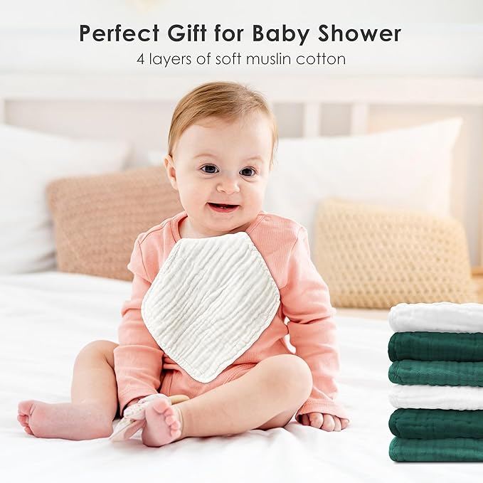 Sunny zzzZZ Baby Muslin Washcloths -100% Cotton Muslin Soft Baby Bath Wash Cloths and Absorbent Burp Cloths for Newborns Kids Girls and Boys -12 Pack, 12x12 Inches - White+Deep Emerald Series