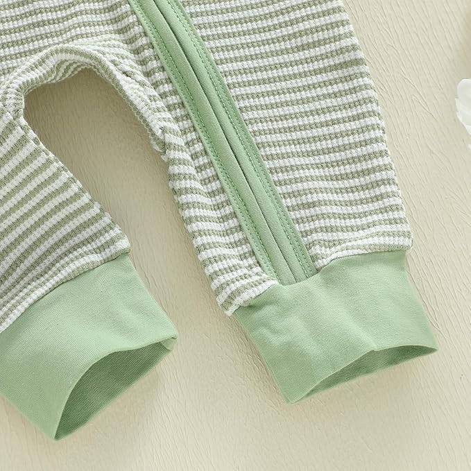 Karuedoo Newborn Infant Baby Boy Clothes Striped Waffle Long Sleeve Zipper Romper Jumpsuit One-Piece Fall Winter Outfit
