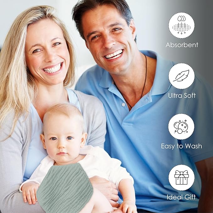 Baby Washcloths -100% Cotton Muslin Soft Baby Bath Wash Cloths and Absorbent Baby Wipes for Newborns Kids Girls and Boys - 12 Pack, 12x12 Inches - Grey, Green, Slate