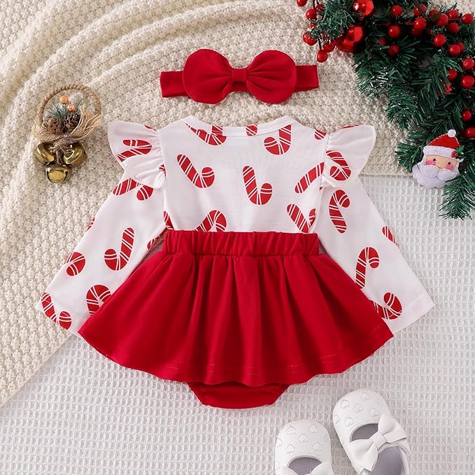 Newborn Christmas Outfit Baby Girl Plaid Romper Dress Infant Ruffle Long Sleeve Ribbed Bodysuit Headband Clothes