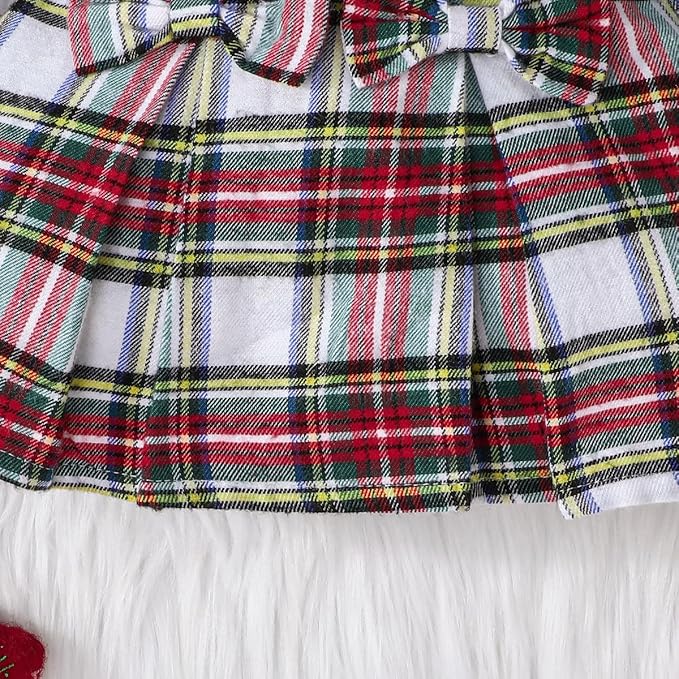 Toddler Baby Girl Plaid Dress Puff Sleeve Bow Patchwork Ribbed Shirts Dress Plaid Fall Winter Outfits with Headband