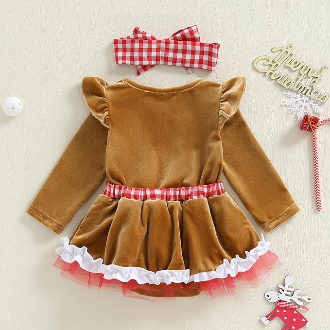Newborn Christmas Outfit Baby Girl Plaid Romper Dress Infant Ruffle Long Sleeve Ribbed Bodysuit Headband Clothes
