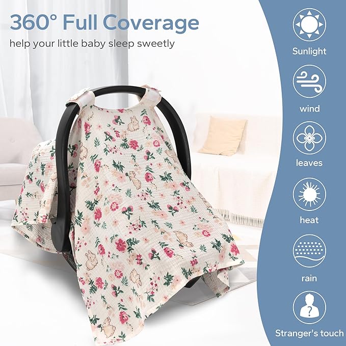 SERAPHY 100% Muslin Cotton Car Seat Covers for Babies, Universal Baby Car Seat Cover, Breathable Muslin Carseat Cover Canopies for Boys and Girls, Soft Infant Car Seat Cover for Summer — Rabbits