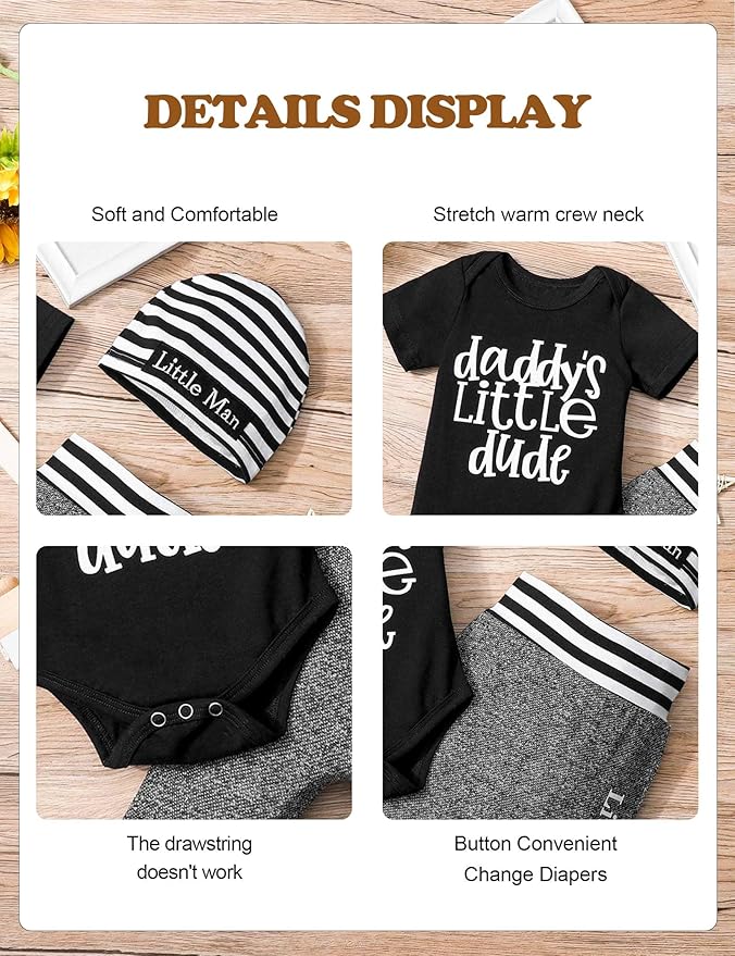 Fommy Newborn Baby Boy Clothes New to The Crew Letter Print Romper+ Pants+Hat 3PCS Outfit