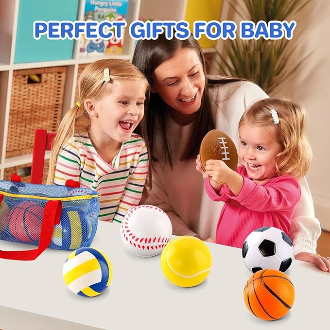 Balls Toys Gift for Toddlers 3 4 5 Years Old,6 Small Sports Foam Balls for Baby with Soccer Ball,Basketball,Football,Baseball,Tennis Ball and Volleyball,Mini Soft Balls for Kids Boys Girl