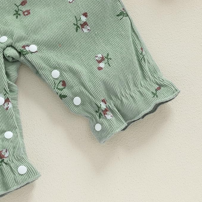 Infant Baby Girls Fall Outfit Long Sleeve Romper Floral Print Fake Two Pieces Patchwork Bow Jumpsuits And Headband Set