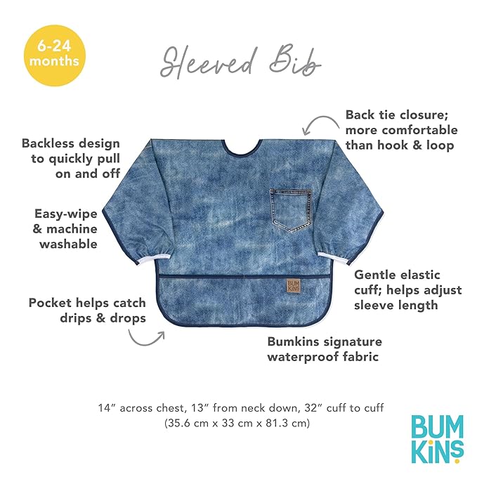 Bumkins Sleeved Bib for Girl or Boy, Baby and Toddler for 6-24 Mos, Essential Must Have for Eating, Feeding, Baby Led Weaning Supplies, Long Sleeve Mess Saving Food Catcher, Soft Fabric, Faux Denim