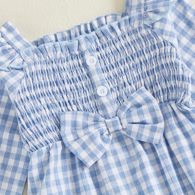 Newborn Infant Smocked Baby Girl Clothes Plaid Bubble Romper Long Leg Bodysuit Bow One-Piece Jumpsuit