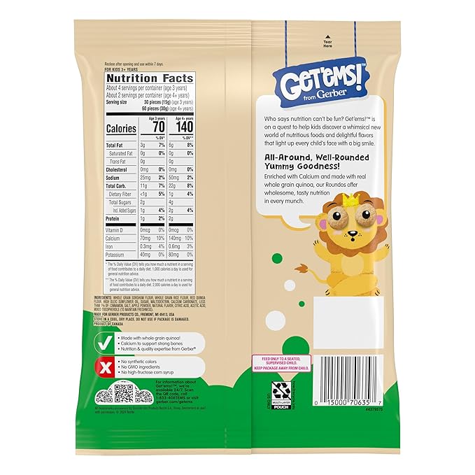 Get'ems! from Gerber, Snacks for Kids, Apple Cinnamon Roundos Puffs, Made with Whole Grain Quinoa, Calcium to Support Strong Bones - 5 pack