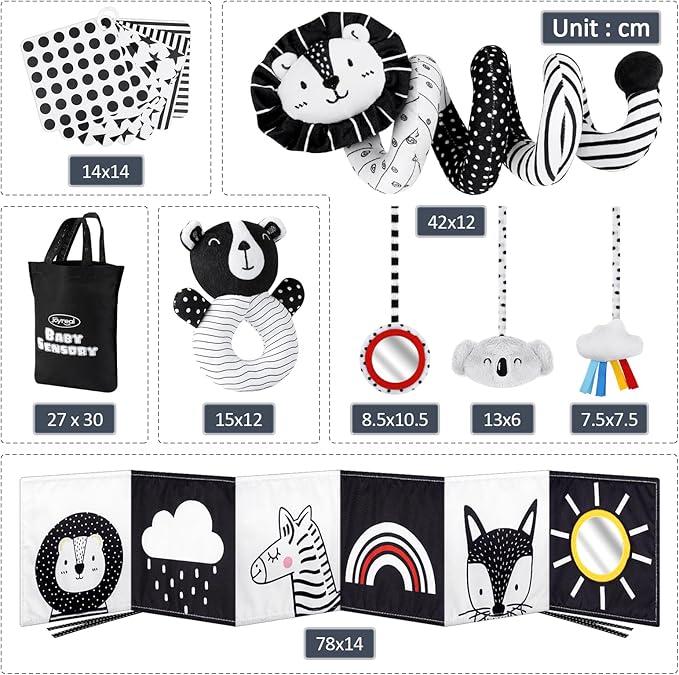Joyreal High Contrast Baby Toys for Newborn, Black and White Baby Sensory Toys with Car Seat Toys,Infant Toys with Black White Cards Book, Montessori Toys for Baby Gifts