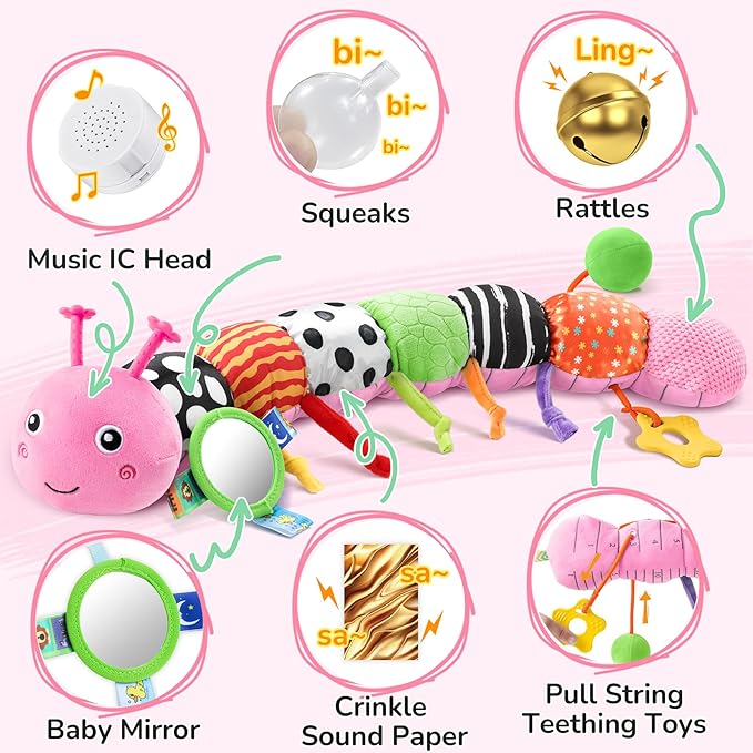 Baby Toys 6-12 Months Music Caterpillar,Stuffed Animals Infant Toys 0-3-6 Months,Teething Sensory Toys Tummy Time with Mirror Crinkle Rattle&Pull String for Boys Girls Gifts Birthday|Pink