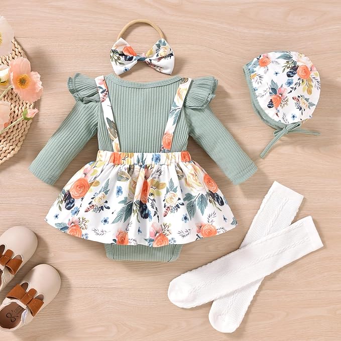 Unutiylo Preemie Newborn Baby Girl Clothes Romper Suspender Dress Fall Winter Outfits Ruffle Long Sleeve Jumpsuit