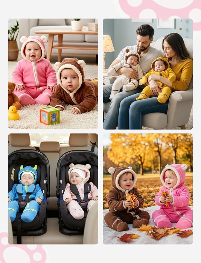 PATPAT Fleece Hooded Footed Clothes, Soft Warm Footie Covers, Car Seat Friendly, Easy Zip,Cute Romper Newborn Infant Jumpsuit