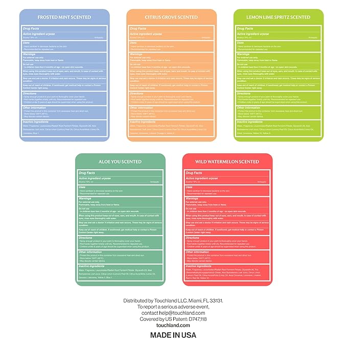 Touchland Hydrating Hand Sanitizer Spray, FRESH 5 Set (Mint, Citrus, Lemon Lime, Aloe, Watermelon), 1 FL. OZ. Travel Size Power Mist Sprays (Set of 5)