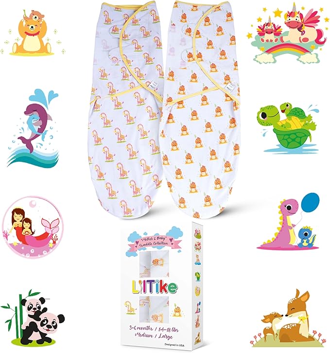 LilTike Swaddle - Mother & Baby Collection, Sm/Med, 2 Pack, Giraffe and Bear, Cotton Baby Swaddles with Zipper, 0-3 Months, Swaddles for Newborns, Baby Sleep Sack, Baby Swaddle Blanket Wrap