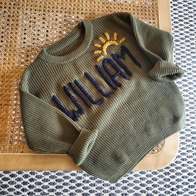 Personalized Hand Embroidered Knit Name Jumper, Custom Infant Christmas Sweater, Chunky Oversized Kids Sweater Multi