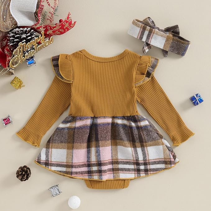Hnyenmcko Newborn Baby Girl Christmas Clothes Infant Red Plaid Romper Dress Ruffle Long Sleeve Ribbed Bodysuit Headband Set