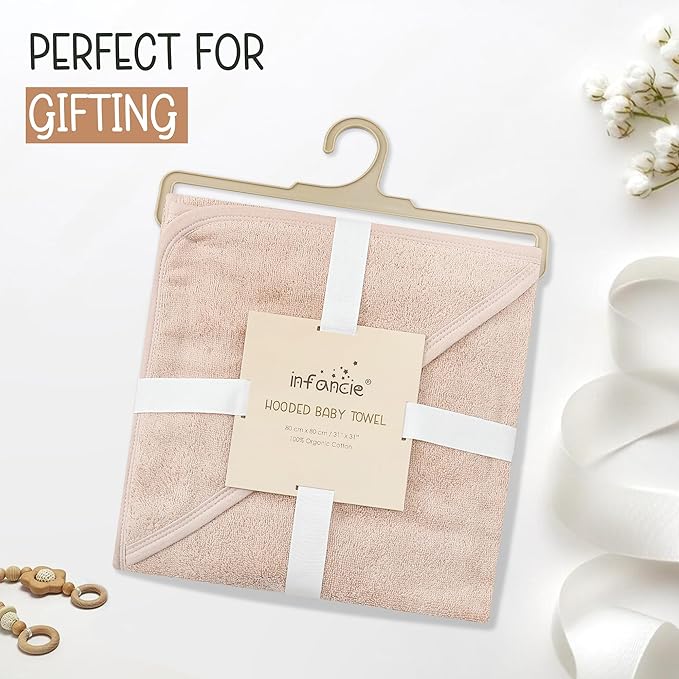 Organic Cotton Plush Woven Hooded Baby Towels, 31x31 Inches, Plush Bath Towels with Hood for Newborns and Kids, Girls & Boys (Sand, 31.4" L x 31.4" W)