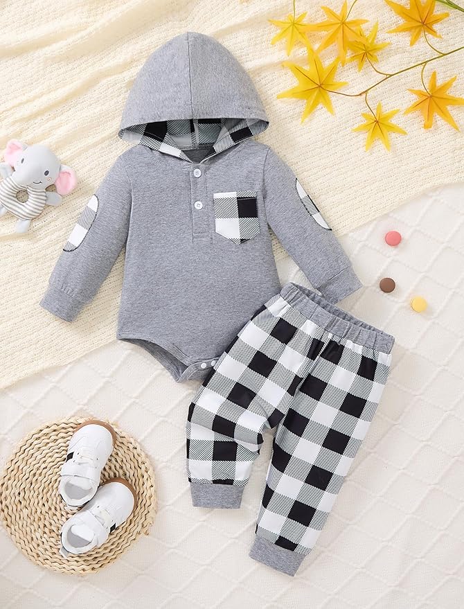 Baby Boy Clothes Long Sleeve Hoodie Romper and Plaid Pants Set Fall Winter Baby Boy Outfit 0–18 Months