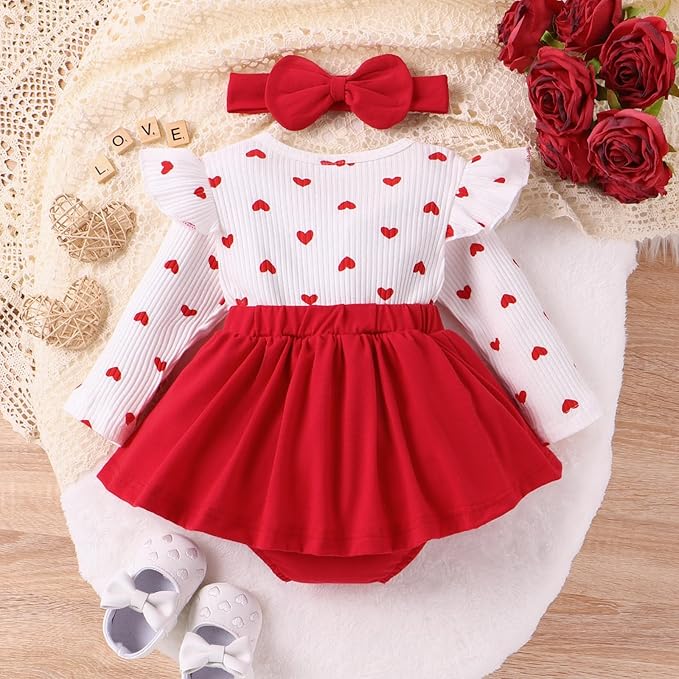 Newborn Christmas Outfit Baby Girl Plaid Romper Dress Infant Ruffle Long Sleeve Ribbed Bodysuit Headband Clothes