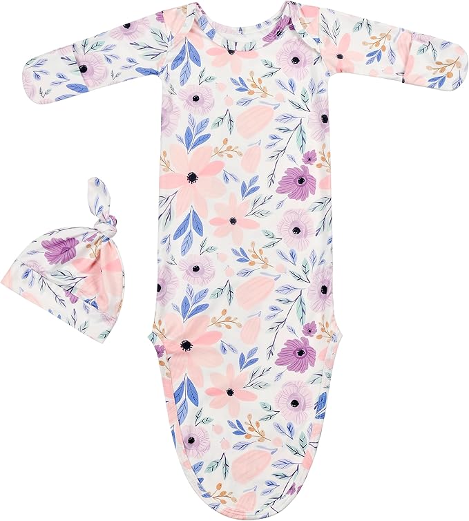 Newborn Baby Knotted Gown Sleeper Gown with Mittens Long Sleeve Nightgown Baby Coming Home Outfit with Hat 2 Pieces