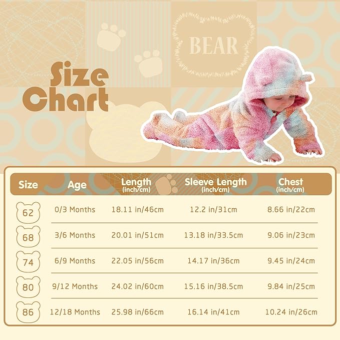 Jimonda Baby Tie Dye Snowsuit Winter Fleece Jumpsuit 0-18 Months, 100% Polyester Hooded Romper with Bear Ears for Infant