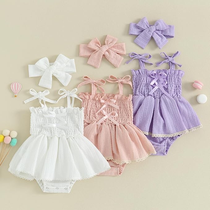 Newborn Baby Girl Bodysuit Sleeveless Halter Frill Romper One-piece Jumpsuit with Headband Summer Clothes Set