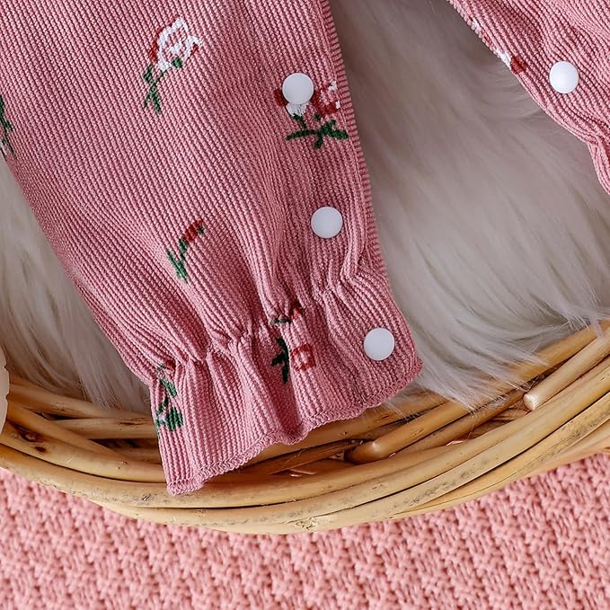 Infant Baby Girls Fall Outfit Long Sleeve Romper Floral Print Fake Two Pieces Patchwork Bow Jumpsuits And Headband Set