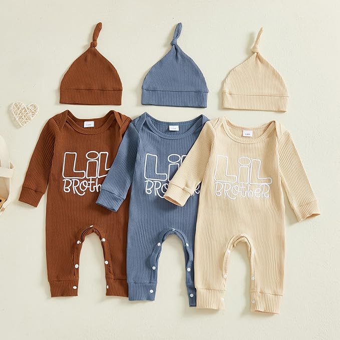 Newborn Baby Boys Romper Long Sleeve Little Brother Letter Print Ribbed Bodysuit Jumpsuit Infant Coming Home Outfit