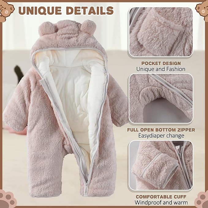 Newborn Baby Bear Outfit With Fold-Over Mittens and Footies Girls Boys Winter Fleece Clothes Hooded Romper Snowsuit