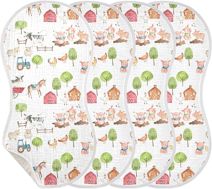 vvfelixl Baby Burp Cloths Watercolor Farm Animals Baby Newborn Cotton Burping Cloths Set Baby Washcloths 4 Pack White