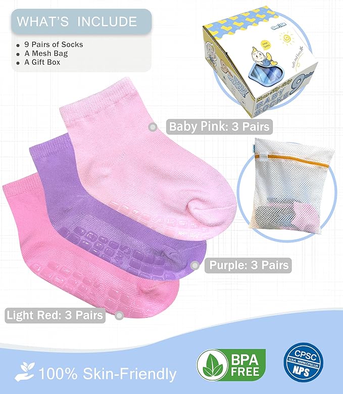 Baby Mid-Crew Socks with Grips (9 Pairs) for 0-7 Years Old Toddler Boy Girl Kids