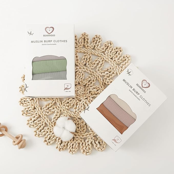 Bearmoss Muslin Burp Cloths, 100% Cotton Baby Burping Clothes, Large Extra Soft Absorbent for Unisex Newborn Boy and Girl, 20x10in, 6 Pack