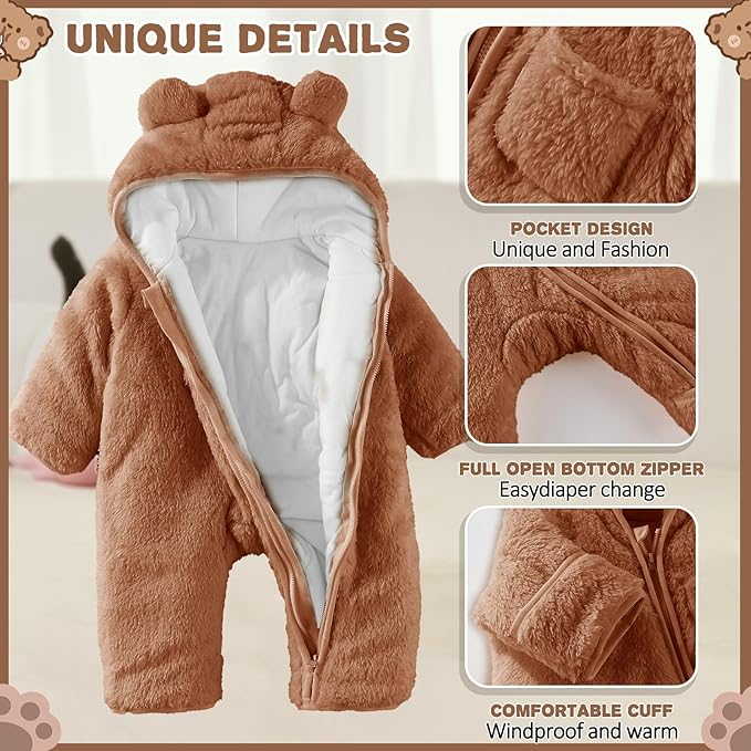 Newborn Baby Bear Outfit With Fold-Over Mittens and Footies Girls Boys Winter Fleece Clothes Hooded Romper Snowsuit