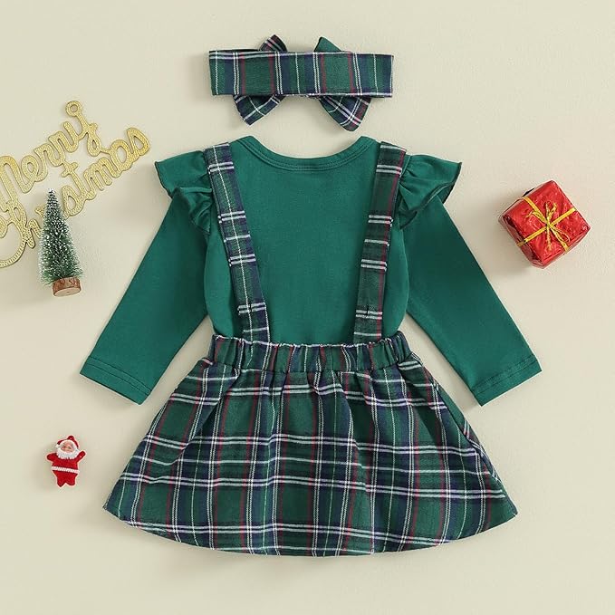 Hnyenmcko Newborn Baby Girl Christmas Clothes Infant Red Plaid Romper Dress Ruffle Long Sleeve Ribbed Bodysuit Headband Set