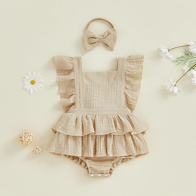 Thorn Tree Baby Girl Summer Clothes Newborn Outfit Ruffle Romper Infant Baby Dress Bow Headband Solid Cute Outfits Girls