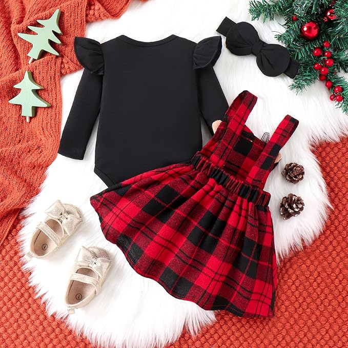 Hnyenmcko Newborn Baby Girl Christmas Clothes Infant Red Plaid Romper Dress Ruffle Long Sleeve Ribbed Bodysuit Headband Set