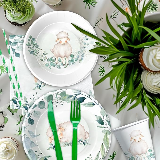 Sheep Baby Shower Decorations Tableware - Farm Animal Lamb Sheep Birthday Party Supplies, Plate, Cup, Napkin, Disposable Cutlery, Lamb Baby Shower Decorations And Supplies | Serve 24