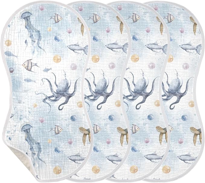 vvfelixl Baby Burp Cloths Sea Turtle and Octopus Baby Newborn Cotton Burping Cloths Set Baby Washcloths 4 Pack