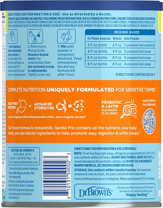 Good Start | Dr. Brown’s Gentle Pro, Baby Formula Powder for Sensitive Tummies, Easy Digestion & Softer Poops, Formula with Probiotics, DHA, Allergen Lactose, Milk, Soy,Tree Nuts,Non-GMO,32 OZ, 1 Pack