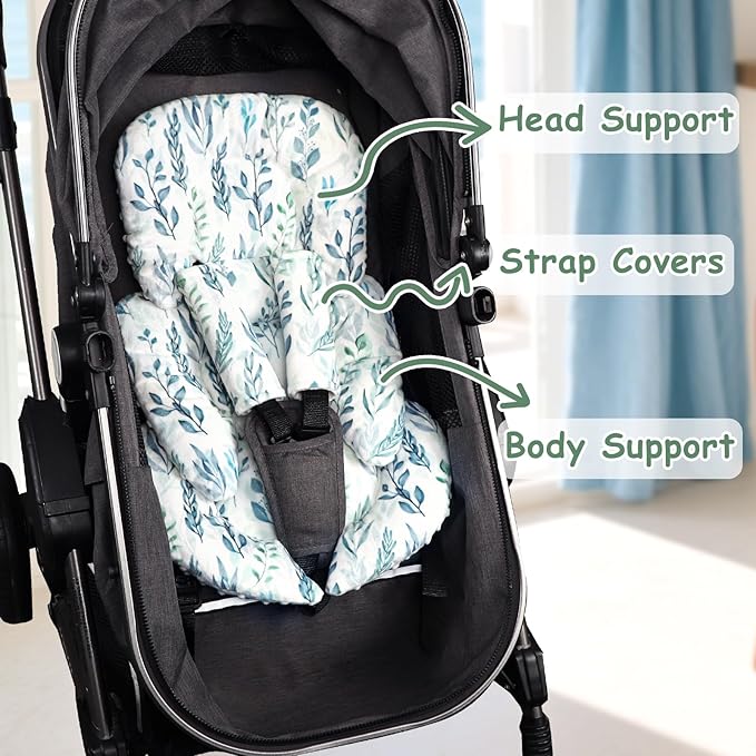 DILIMI Infant Car Seat Insert, Baby Car Seat Head Support with 2 Strap Paddings, Soft Newborn Car Seat Cushion for Stroller, Swing, Bouncers, Green Leaf