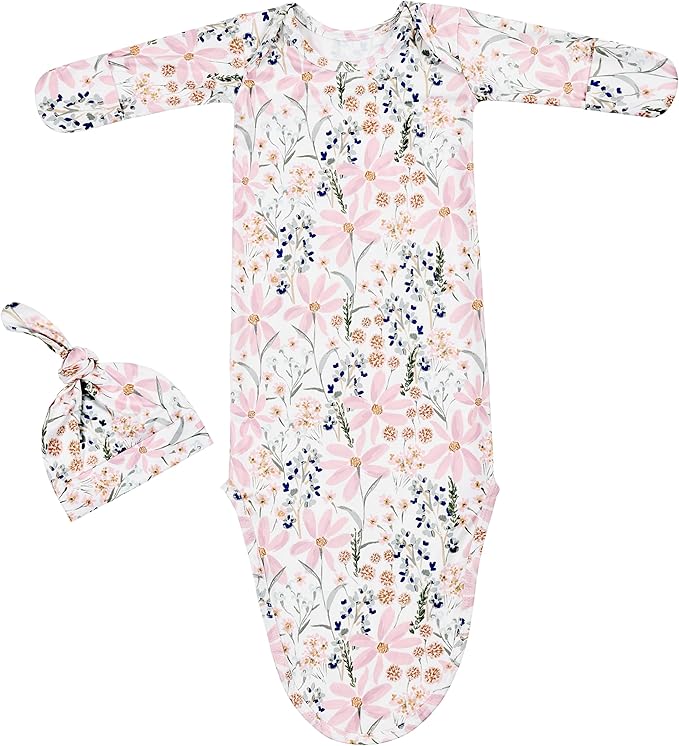 Newborn Baby Knotted Gown Sleeper Gown with Mittens Long Sleeve Nightgown Baby Coming Home Outfit with Hat 2 Pieces