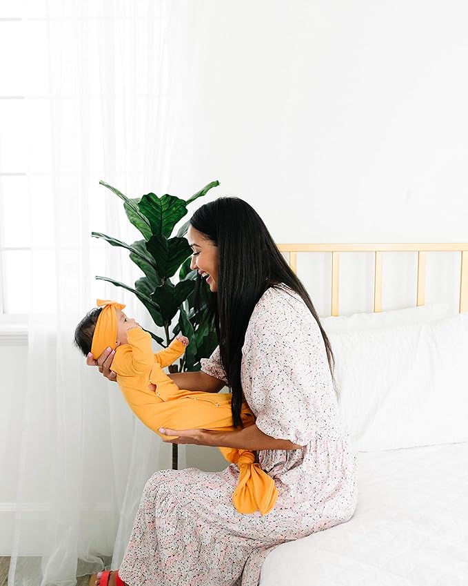 Copper Pearl Baby Gown - Knotted Newborn Sleepers for Baby Boy and Girl, Soft Stretchy Long Sleeve Infant Gowns with Bottom Tie and Hand Mittens, Perfect Hospital Coming Home Outfit (Solar)