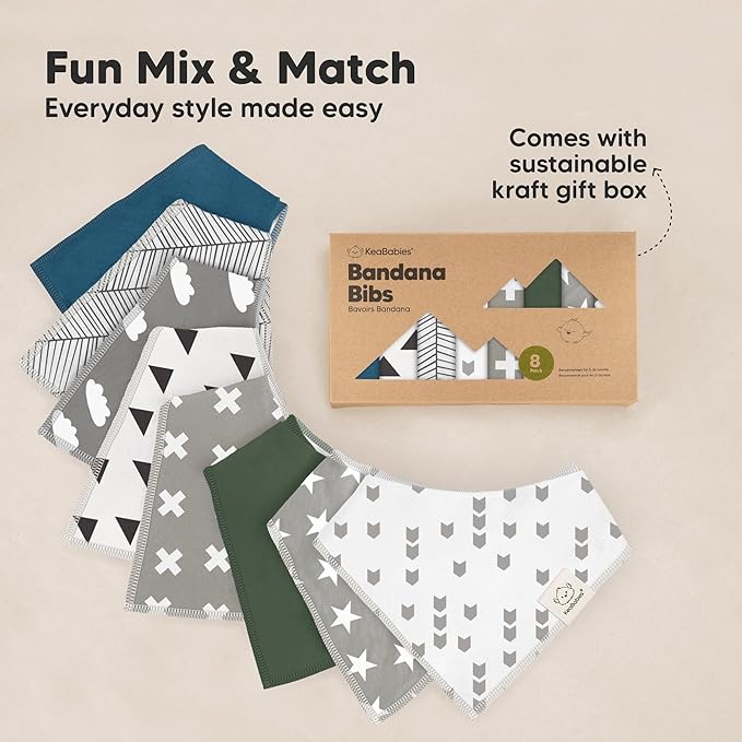 KeaBabies 8-Pack Organic Baby Bandana Bibs for Boys, Girls - Super Absorbent Triangle Baby Bibs for Drooling and Teething Infant, 100% Cotton Extra Soft for Newborn, Infant 0-36 Months (Crossroads)
