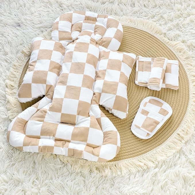 DILIMI Infant Car Seat Insert, Baby Car Seat Head Support with 3 Strap Paddings, Soft Newborn Car Seat Cushion for Stroller, Swing, Bouncers, Brown Checkered