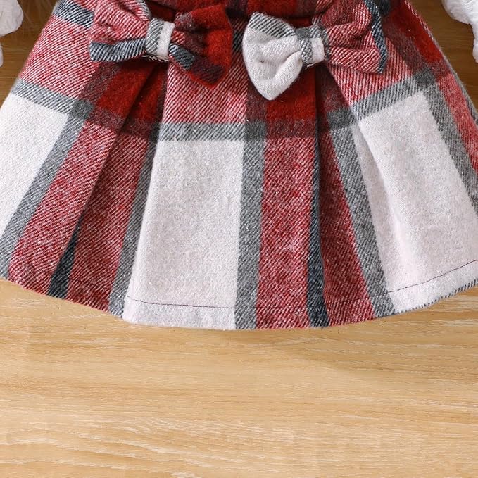 Toddler Baby Girl Plaid Dress Puff Sleeve Bow Patchwork Ribbed Shirts Dress Plaid Fall Winter Outfits with Headband