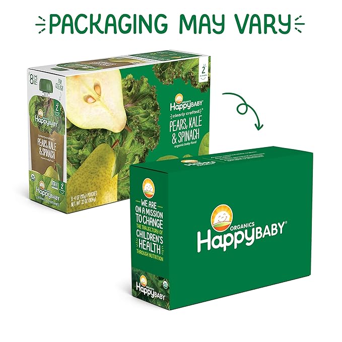 Happy Baby Organics Stage 2 Baby Food Pouches, Gluten Free, Vegan & Healthy Snack, Clearly Crafted Fruit & Veggie Puree, Pears, Kale & Spinach, 4 Ounces (Pack of 16)